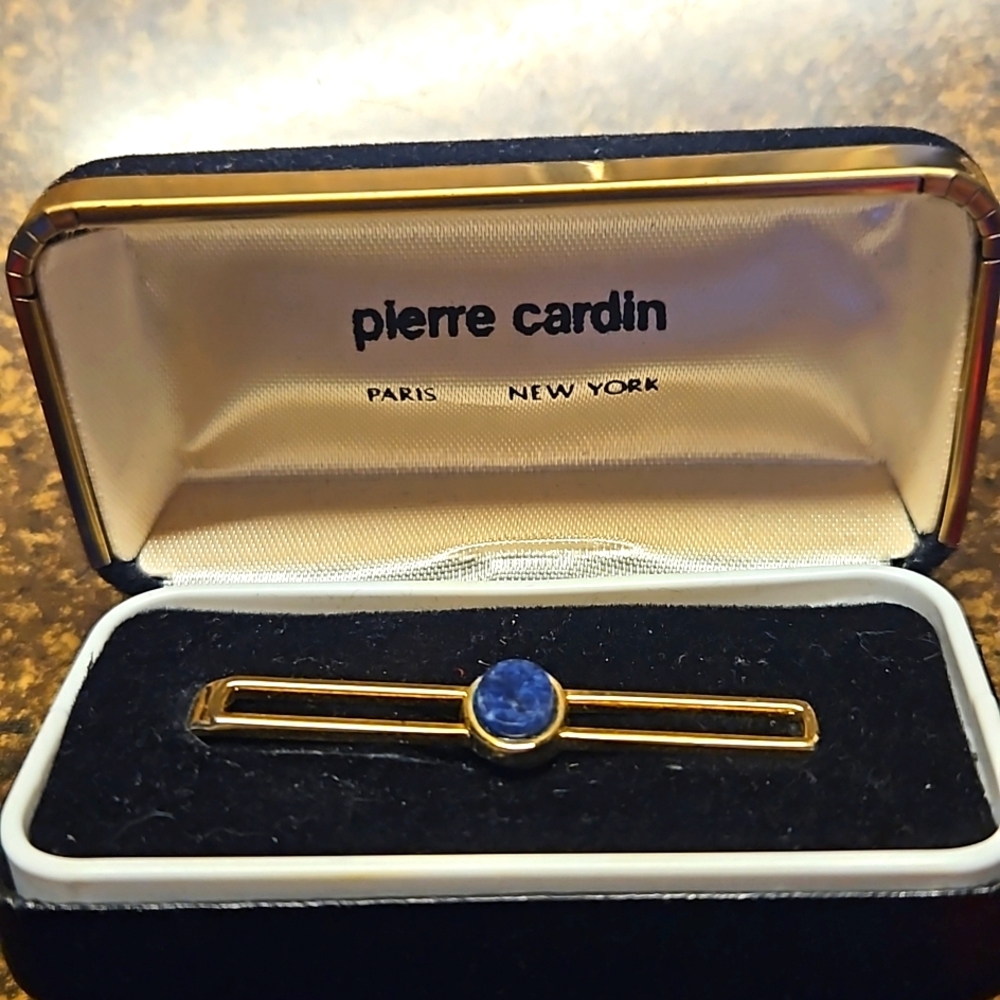 Pierre Cardin Vintage Tie Tac Clasp w/ Blue Stone Gold tone